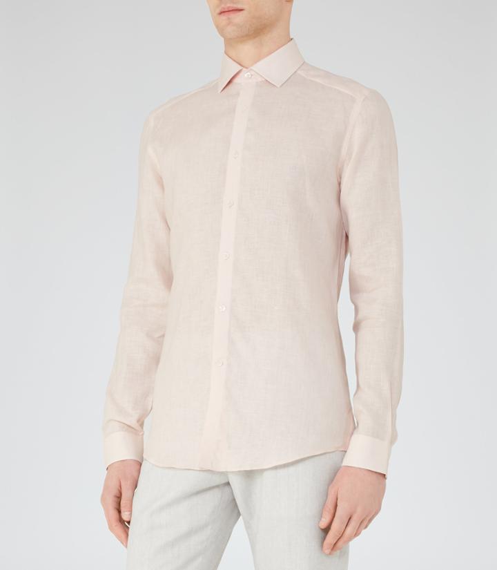 Reiss Perdu - Slim Linen Shirt In Pink, Mens, Size Xs
