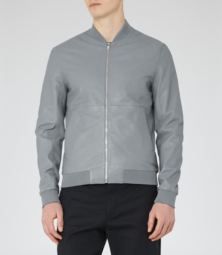 Reiss Billy - Leather Bomber Jacket In Grey, Mens, Size Xs