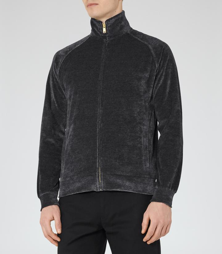 Reiss Pluto - Velour Zip Top In Black, Mens, Size Xs
