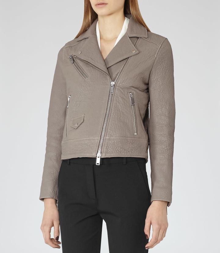 Reiss Favour - Womens Textured Leather Biker Jacket In Grey, Size 4