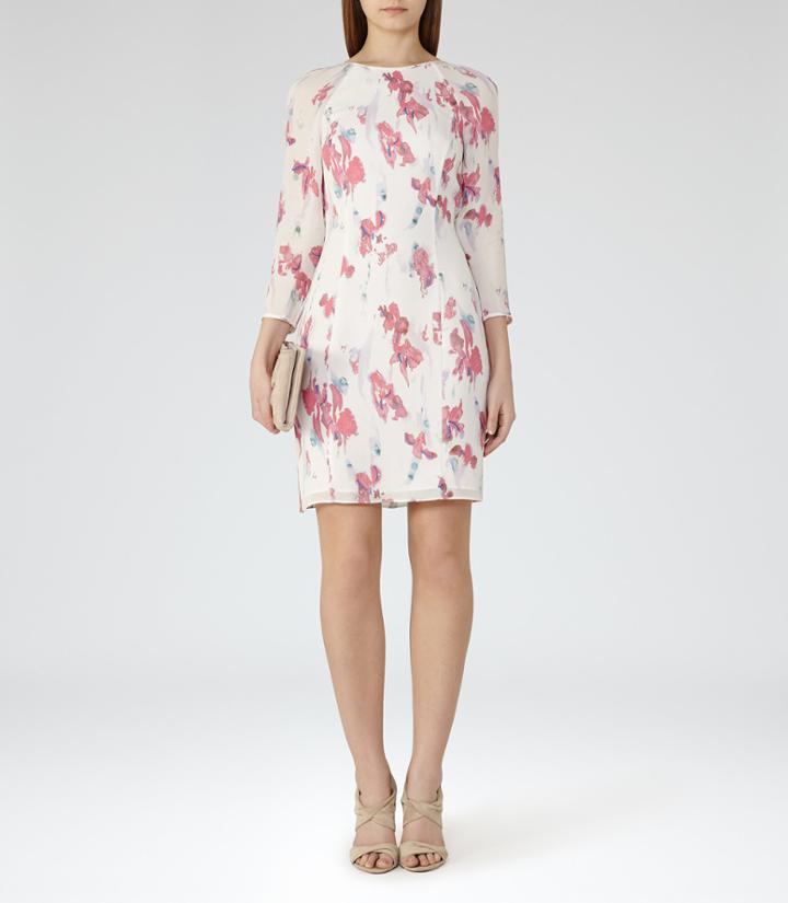 Reiss Kami - Womens Printed Long-sleeved Dress In Cream, Size 6