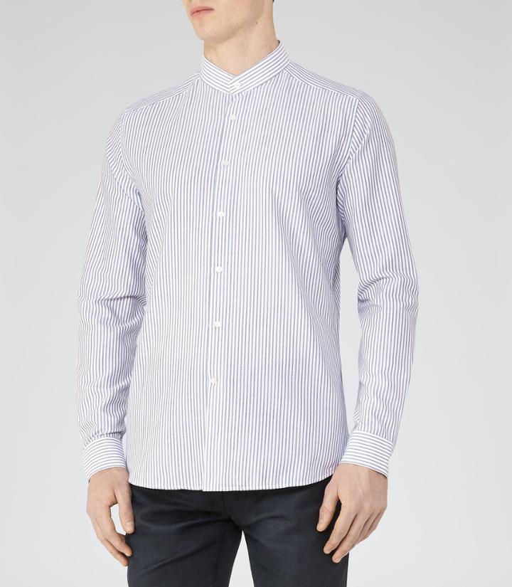 Reiss Gudetti - Mens Stripe Grandad Collar Shirt In Blue, Size Xs