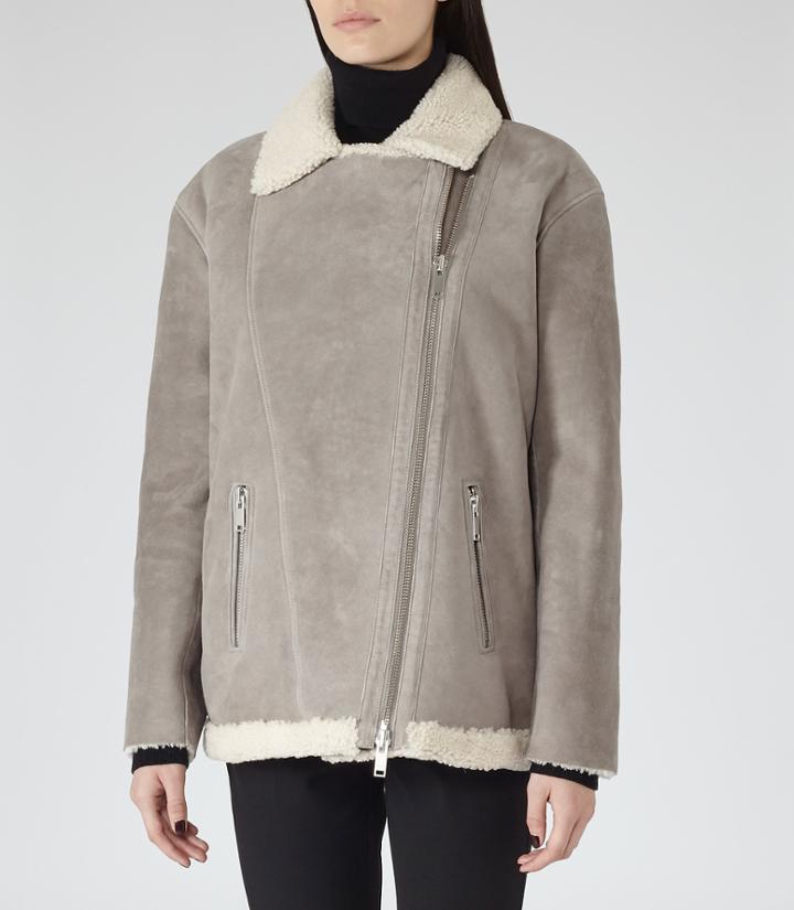 Reiss Pacy - Womens Shearling Aviator Jacket In Grey, Size S