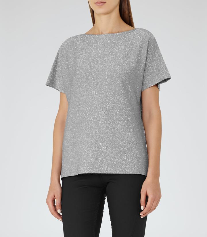 Reiss Sami - Womens Metallic V-neck T-shirt In Grey, Size Xs