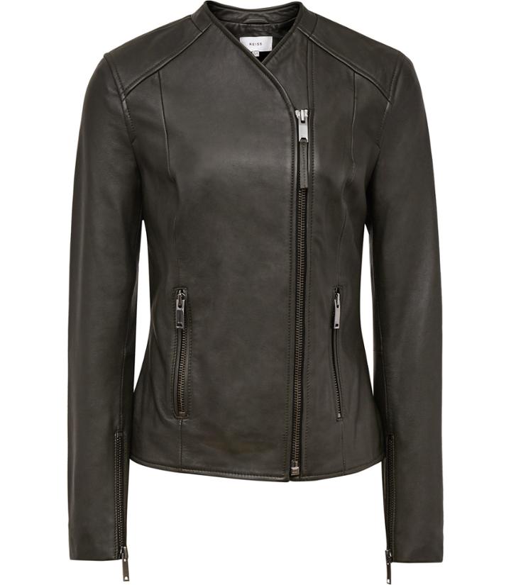 Reiss Rivington - Womens Collarless Leather Jacket In Green, Size 4