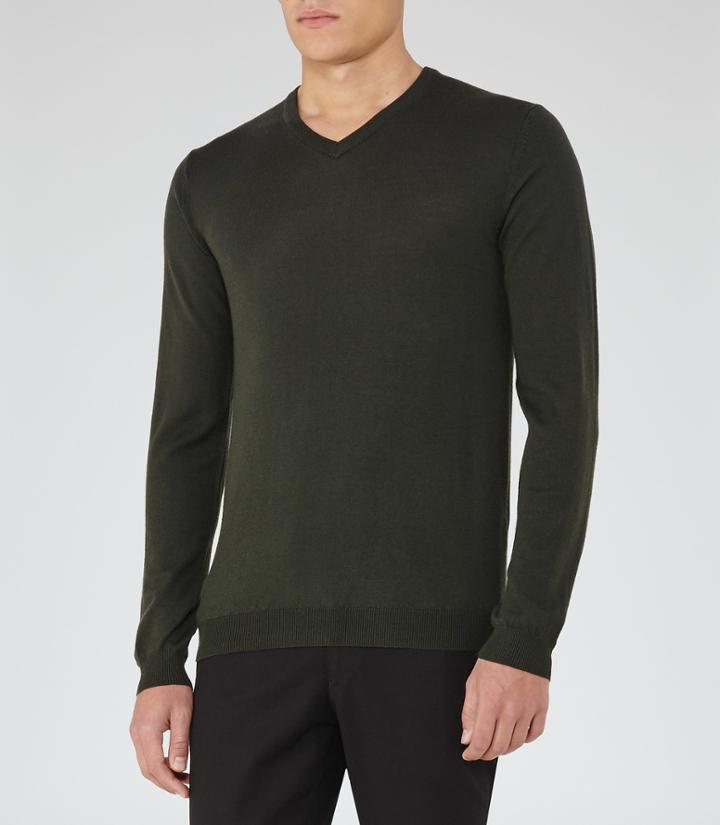 Reiss Emporer - Mens Merino V-neck Jumper In Green, Size Xs