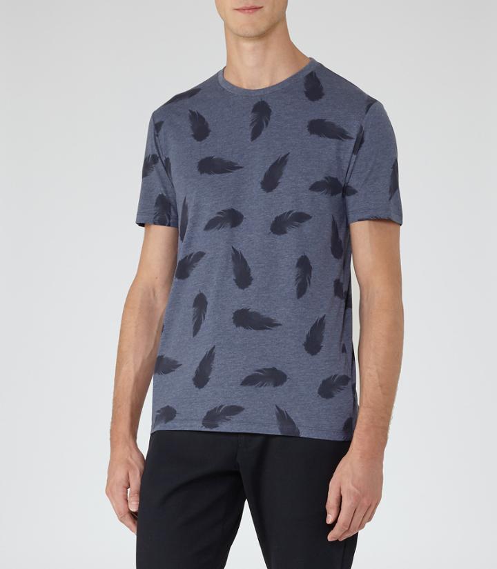 Reiss Heather - Mens Feather Print T-shirt In Blue, Size S