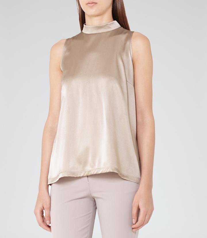 Reiss Blaire - Womens High-neck Silk-front Top In Brown, Size Xs