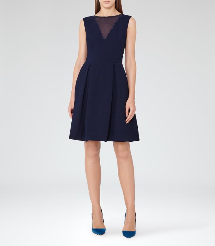 Reiss Marlowe - Sheer-panel Fit And Flare Dress In Blue, Womens, Size 0