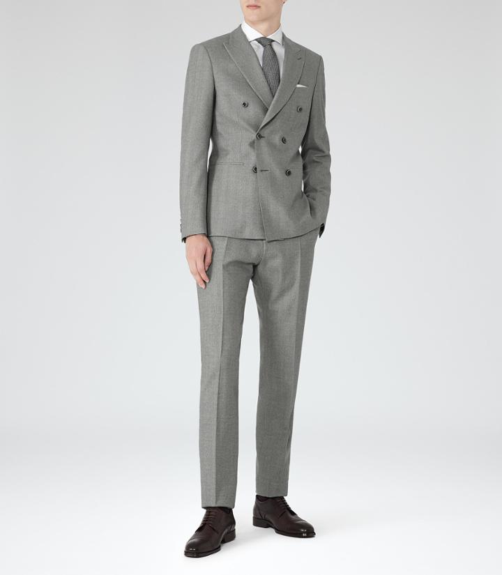 Reiss Lieutenant - Mens Herringbone Peak Lapel Suit In Grey, Size 36