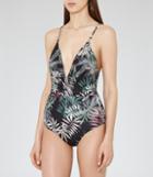Reiss Larena Printed - Womens Plunge-front Swimsuit In Black, Size S