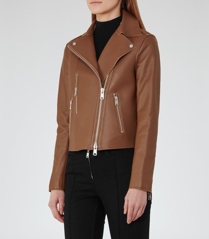 Reiss Camilla - Bonded Leather Jacket In Brown, Womens, Size 0