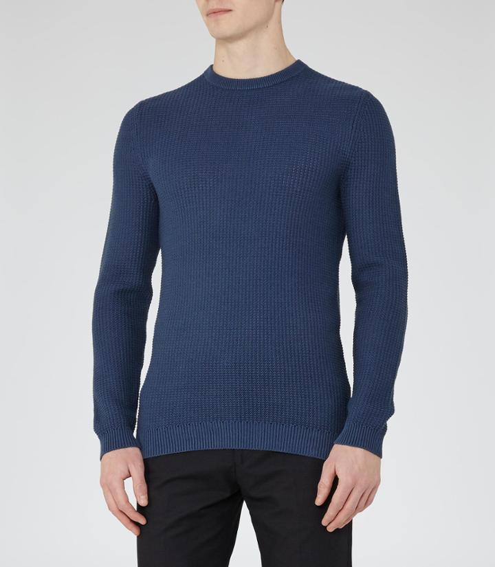 Reiss Windmill - Mens Textured Crew Neck Jumper In Blue, Size Xs