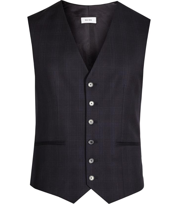 Reiss Horatious W - Mens Checked Wool Waistcoat In Blue, Size 36