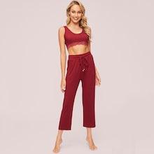 Romwe Lace Trim Crop Top & Pants Pj Set