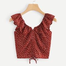 Romwe Ruffle Trim Drawstring Polka Dot Top