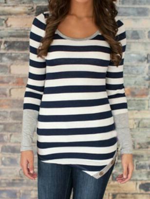 Romwe Long Sleeve Striped Buttons Asymmetrical Black T-shirt