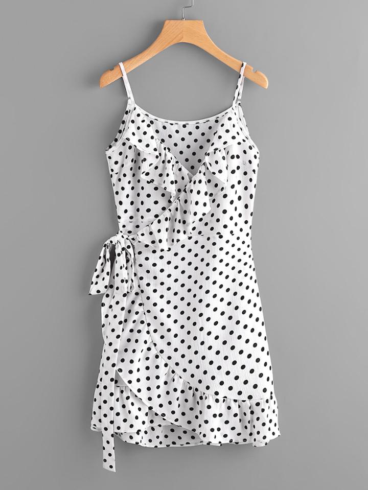 Romwe Polka Dot Wrap Self Tie Waist Frill Cami Dress