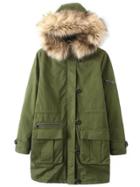 Romwe Army Green Front Pocket Contrast Faux Fur Hooded Coat