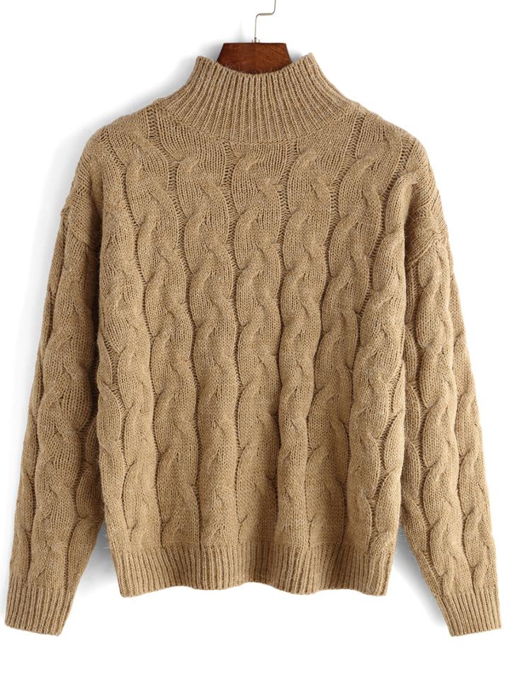 Romwe High Neck Cable Knit Khaki Sweater