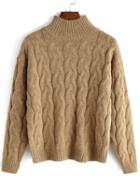Romwe High Neck Cable Knit Khaki Sweater