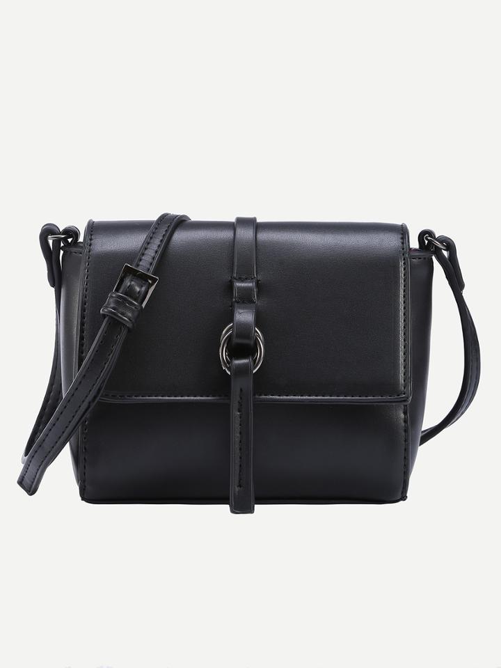 Romwe Ring Strap Embellished Flap Bag - Black
