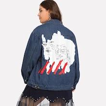 Romwe Plus Graphic Print Button Front Denim Jacket