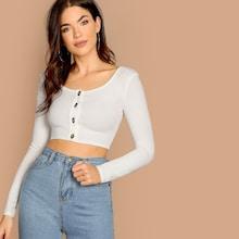 Romwe Button Front Form Fitting Crop Tee