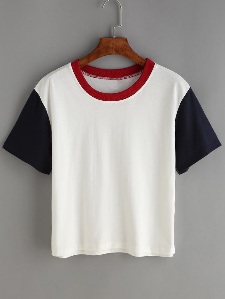 Romwe Contrast Crew Neck White T-shirt