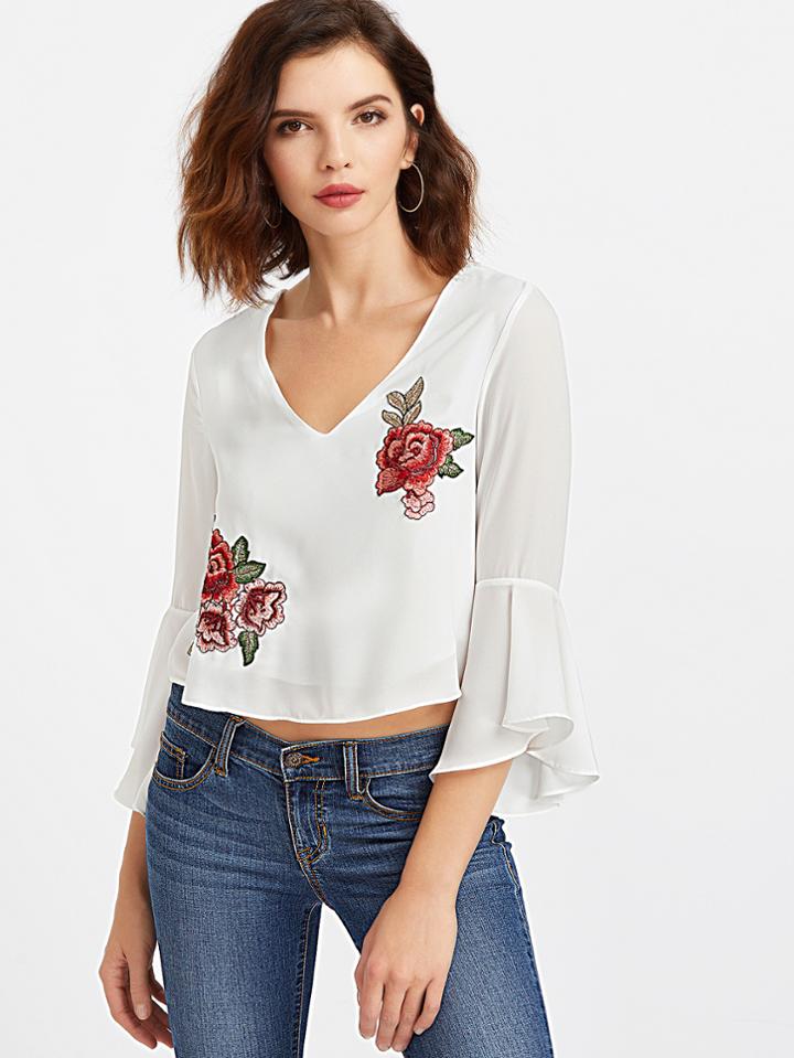 Romwe White Floral Embroidery Cutout Back Crop Top