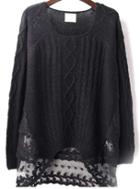 Romwe Black Embroidered Mesh Sweater