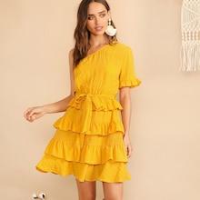 Romwe One Shoulder Layered Ruffle Crinkle Dress
