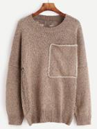 Romwe Khaki Drop Shoulder Pocket Hollow Out Sweater