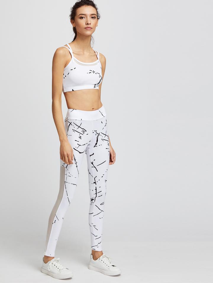 Romwe White Printed Mesh Paneled Crop Cami Top With Leggings