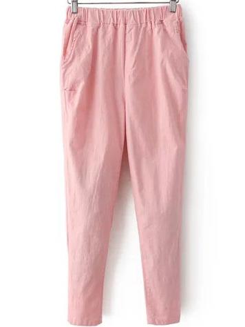 Romwe Elastic Waist Casual Pink Pant