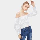 Romwe Striped Shirred Ruffle Trim Off The Shoulder Blouse