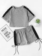Romwe Lace Up Grommet Raglan Sleeve Heathered Loungewear Set