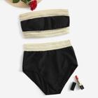 Romwe Glitter Hem Bandeau With High Waist Bikini