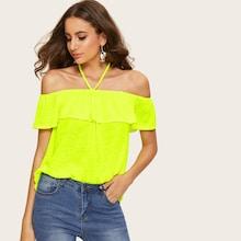 Romwe Halter Off Shoulder Neon Lime Flounce Top