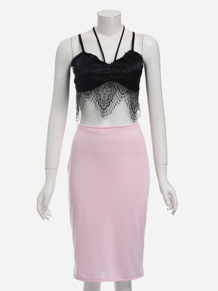 Romwe Black Lace Trimmed Strappy Top With Pink Bodycon Skirt