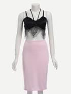 Romwe Black Lace Trimmed Strappy Top With Pink Bodycon Skirt