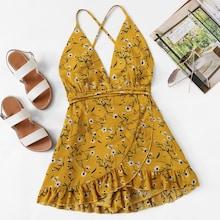Romwe Calico Print Ruffle Trim Overlap Romper