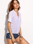 Romwe Blue Striped Notch Neck Appliques Dip Hem Blouse