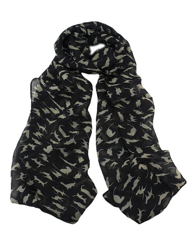 Romwe Latest Design Black Chiffon Knitted Leopard Printed Fashionable Scarf