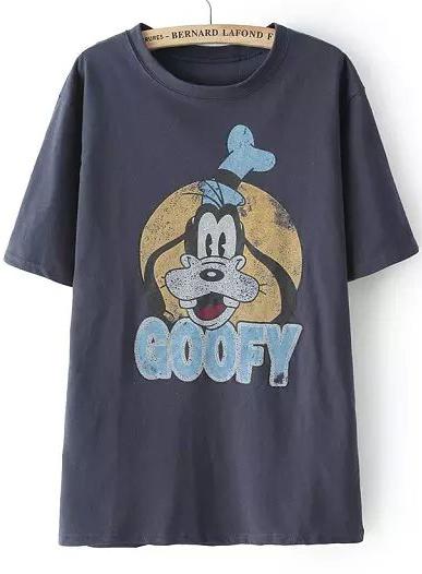 Romwe Dog Goofy Print Navy T-shirt