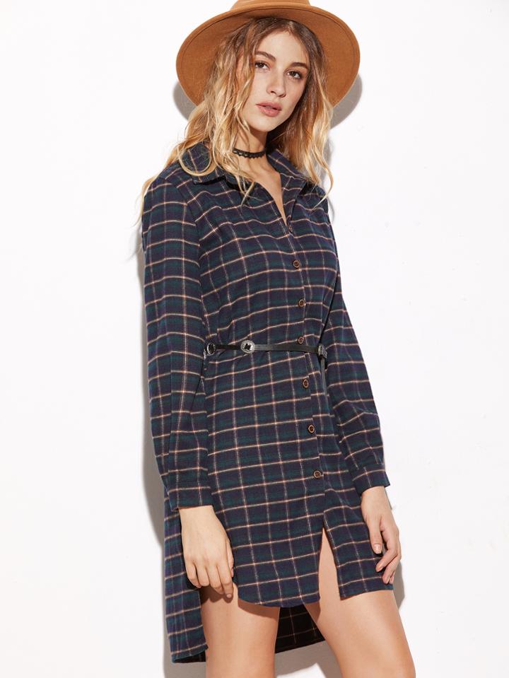 Romwe Plaid High Low Split Side Shirt Dress
