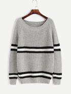 Romwe Grey Striped Trim Raglan Sleeve Sweater