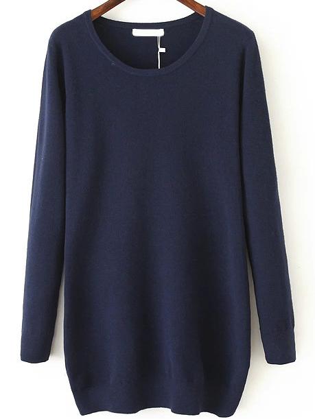 Romwe Women Long Sleeve Navy Sweater