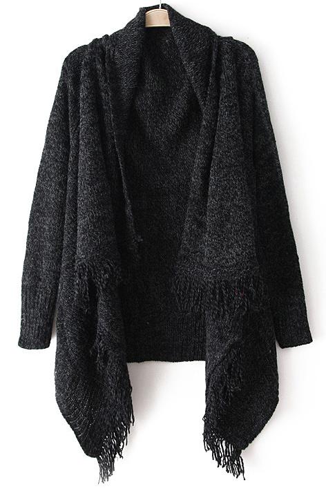 Romwe Asymmetrical Tassel Knit Black Cardigan