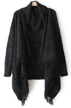 Romwe Asymmetrical Tassel Knit Black Cardigan